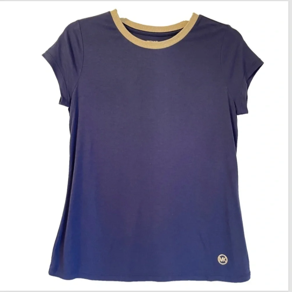 Michael Kors Navy Cotton T-Shirt Gold Trim Crew Neck Logo Top Sz Sm